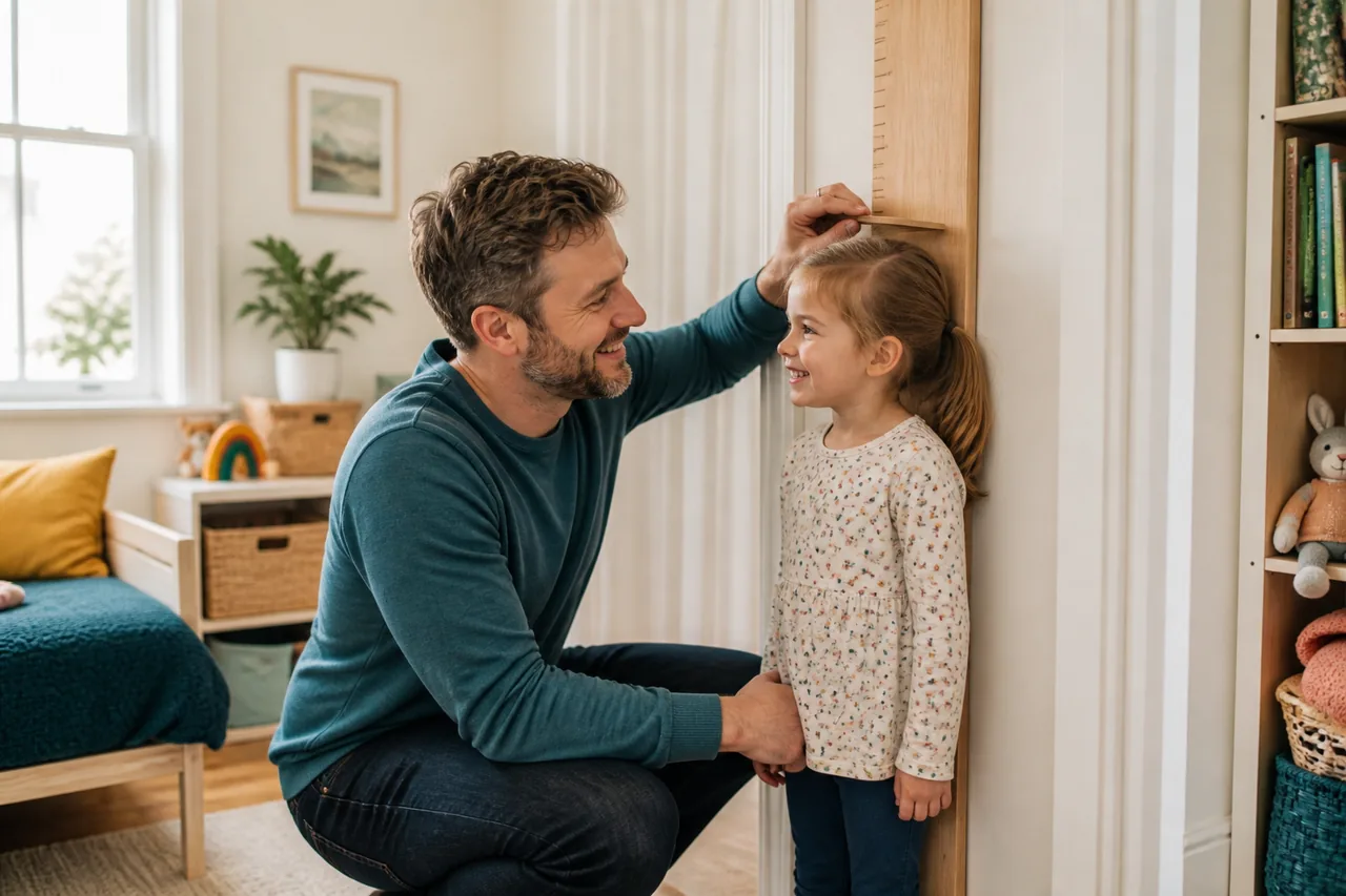 A parent measuring their child's height at home